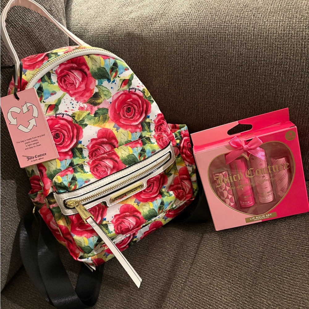 Juicy Couture White Multi Rose Backpack & Lip Balm Set Bundle! NWT